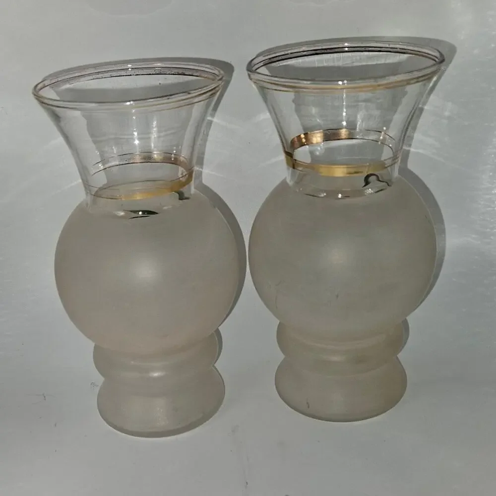 Vintage Frosted Glass Floral Bud Vases Gold Trim – Pair 6" Tall - Picture 3 of 8